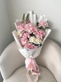Abloom pastel pink and white bouquet featuring reflexed roses, wrapped in white Korean-style paper with pink ribbon – Melbourne flower delivery - melbourne florist - melbourne reflexed roses