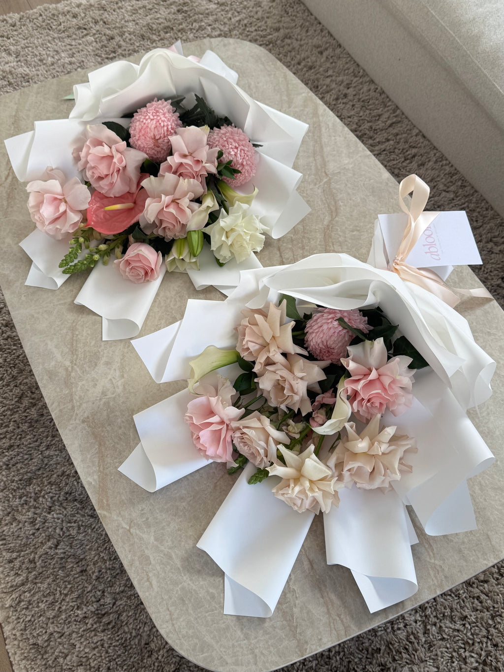 Soft pink and white seasonal flower bouquet by Abloom Melbourne